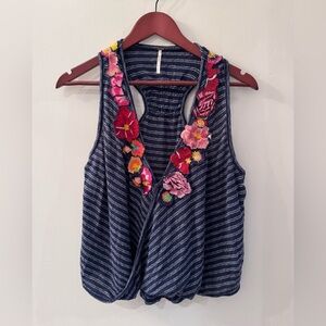 Free People Frida Tank Top Blue Striped Surplice Floral Applique Size Medium